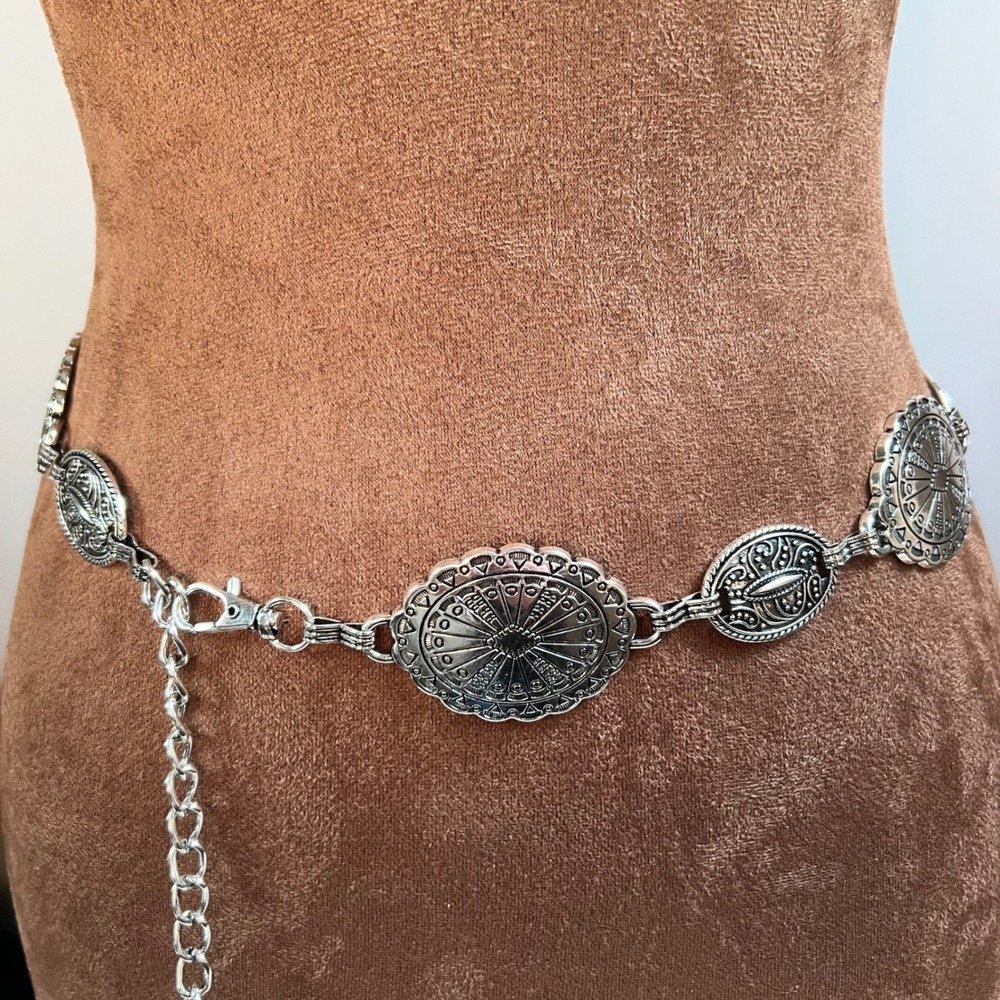 Silver Engraved Oval Link Concho Chain Belt 45" Western Coastal Cowboy